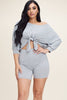 Solid French Terry Tie Front Off The Shoulder Slouchy Top And Shorts Two Piece Set