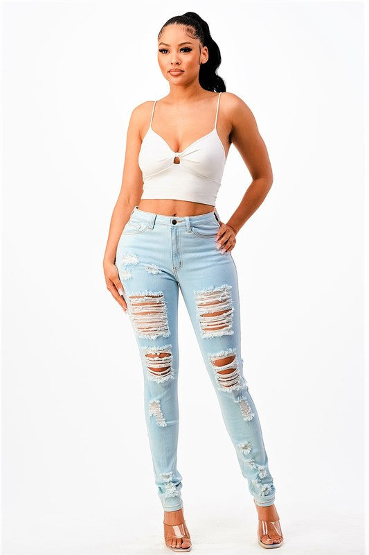 High Rise Destroyed Skinny Jeans