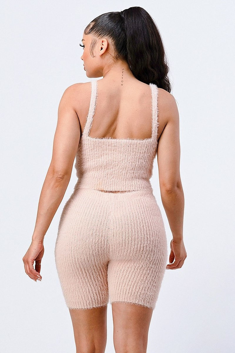 Fuzzy Knit Cami & Biker Short Set