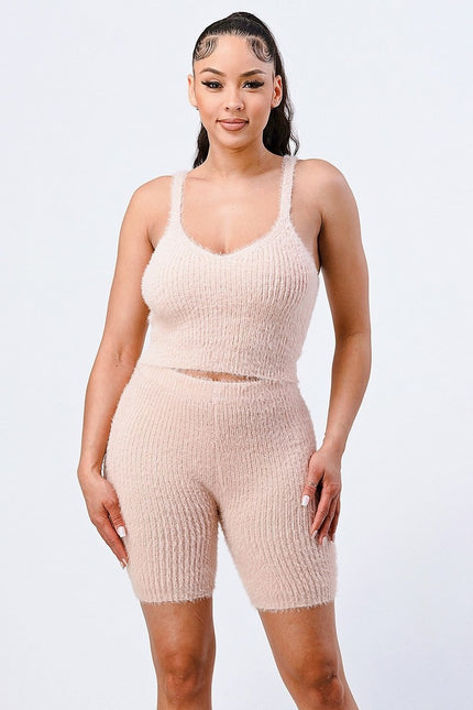 Fuzzy Knit Cami & Biker Short Set